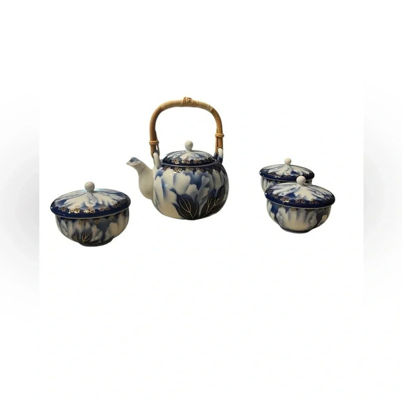 Fukagawa Seiji Peony Gold Mill Cobalt Blue Set Teapot  And 3 Tea Cups & … - Picture 2 of 15